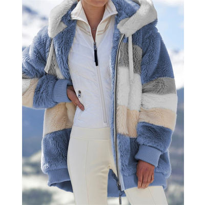 Winter Women Jacket New Warm Plush Patchwork Zipper Pocket Stitching Hooded Plaid Faux Fur Retro Long Sleeve Top Coat Outwear