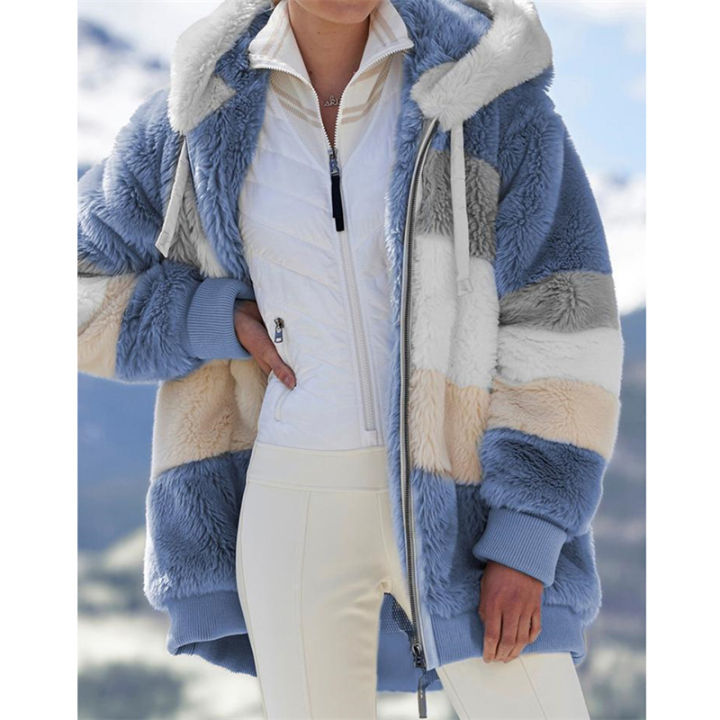 winter-women-jacket-new-warm-plush-patchwork-zipper-pocket-stitching-hooded-plaid-faux-fur-retro-long-sleeve-top-coat-outwear