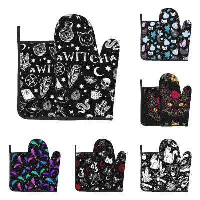 Skull Cat Moon Gothic Oven Mitts and Pot Holders SetsHeat Resistant Non Slip Kitchen Gloves Hot Pads with Inner Cotton Layer
