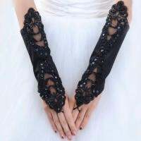 ♗◎ Gloves Halloween Black Fingerless Sequin Lace Satin Wedding Fancy Dress