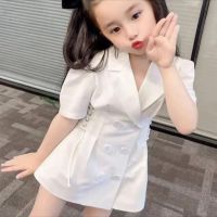 2-7Y Kids Girls Summer Dress Jacket Solid Color Short Sleeve Lapel Buttons Bandage Waist Blazer Dress Fashion Baby Clothes