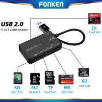 FONKEN 6 In 1 USB2.0/Type-C เครื่องอ่านการ์ดมัลติฟังก์ชั่ CF M2 MS XD การ์ดความจำกล้องหกช่องเสียบบัตรเครื่องอ่านการ์ดกล่องตั้งรหัสผ่านได้