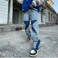 Y2K Korean Mens Fashion Blue Streetwear Star Print Low Rise Cargo Jeans Trousers Straight Hip Hop Baggy Denim Pants Men Clothes