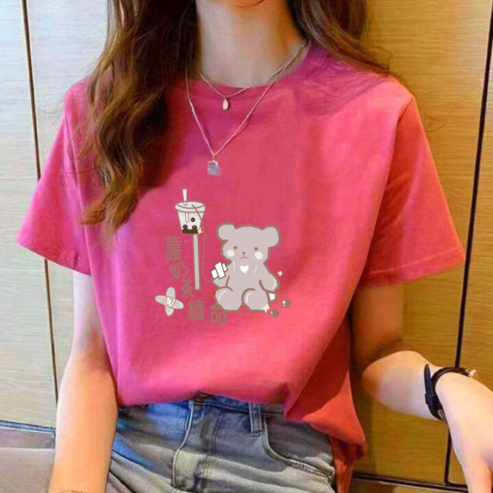 เสื้อสำหรับแขนสั้นสำหรับสตรีฤดูร้อนใหม่สีแดงพิมพ์ลายคอกลมถุงเสื้อยืดผู้หญิงแฟชั่นเรียบง่ายลำลองไซส์ใหญ่พิเศษ