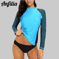 Anfilia ผู้หญิงแขนยาว Rashguard ชุดว่ายน้ำลาย Rash Guards Patchwork Surfing ชุดว่ายน้ำสำหรับสตรี Running Top UPF50