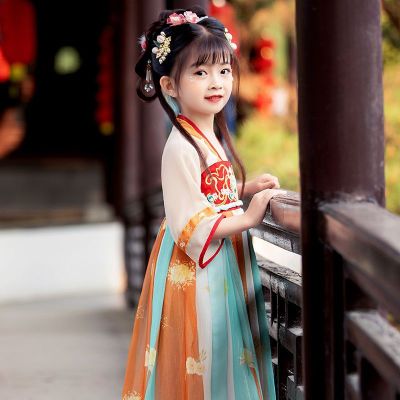 Hanfu เด็กหญิงสไตล์จีนแต่งหน้าสีแดงชุดโบราณใหม่ Han Tang ชุดเต้นรำเด็ก Hanfu ฤดูใบไม้ผลิและฤดูร้อนจั๊มสูท