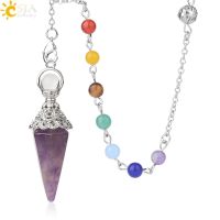 【YF】☸๑  CSJA Stones Pendulum for Dowsing Divination 7 Chakra Chain Hexagonal Column Silver-color Cone Pendant Reiki Pendule G400