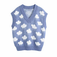 Evfer Women Fashion Za Knitted Cloud Sprint Blue Pullover Vest Female Casual V-Neck Sleeveless Elastic Sweaters Girls Jumpers