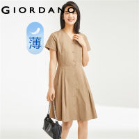 GIORDANO Women Dresses V-Neck Buttons Lightweight Dresses Short Sleeve Collect Waist Pleated Cotton Casual Dresses 13463204