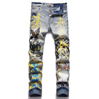 【CW】Skull Punk Jeans Lightning Flame Butterfly Pattern Streetwear Hip Hop Ripped Denim Pants Men Fashion Slim Plaid Denim Jeans