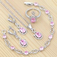 925 Silver Jewelry Set for Bride Romantic Jewelry Pink Cubic Zirconia Earrings Open Ring Pendant Chain celet Set