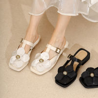 Fairy Style Slippers Womens Spring New Outdoor Flower Toe Cap Slippers Mid Heel Soft Leather Slipper Muller Sandals