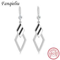 Fanqieliu Women Gift Real 925 Sterling Silver Drop Earrings For Girl White Black Rhombus Zircon Long Dangler FQL21483