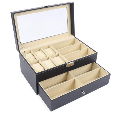 15 Slot Pu Sunglasses and Watch Storage Case Glasses Display Drawer Case Double Layer with Glass Cover