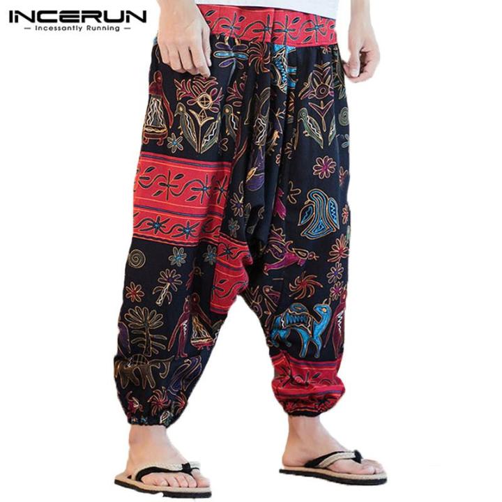 incerun-ผู้ชายกางเกงโยคะไทยกางเกงฮาเร็มขาบานช้าง-unisex-กางเกงฮิปปี้