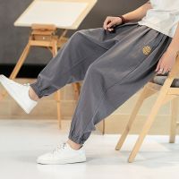 CODhan14416 Mens Chinese Style Embroidered Loose Cotton Linen Fashion Casual Cropped Pants Big Size M-5XL