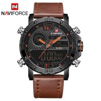 ⌚นาฬิกาผู้ชายแบรนด์หรูสำหรับผู้ชายนาฬิกาข้อมือเล่นกีฬาหนัง NAVIFORCE นาฬิกาทหารกันน้ำนาฬิกาดิจิตอล LED