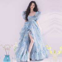 【HOT】♘▣ YOSIMI Dresses 2023 Short Puff Sleeve Print Floor-Length Overlength Female