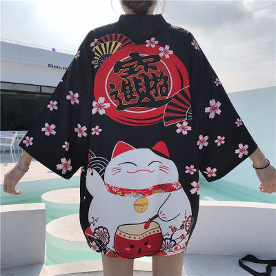 Maneki Neko Kimono Women Streetwear Cardigan Harajuku Robe Japanese Style Clothes Summer Lucky Cat Jacket Tops Blouse Clothing