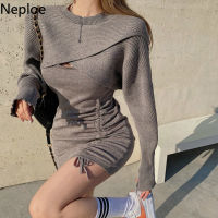 Neploe Korean Bodycon Dress for Women Knit Sweater Mini Dresses Cloak Strapless Dress Two Piece Vestidos Fashion Y2K Black Robe