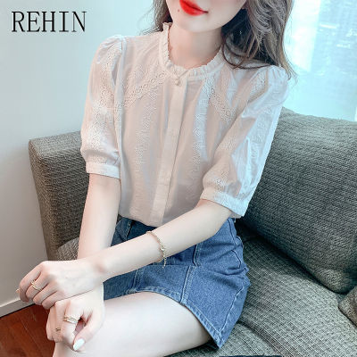 REHIN เสื้อเชิ๊ตผู้หญิง,เสื้อเชิ๊ตผู้หญิงผ้าชีฟองหวานแฟชั่นคอกลมสไตล์เกาหลีแบบใหม่เสื้อผู้หญิงแขนสั้นฤดูร้อน