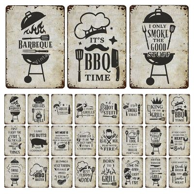BBQ Zone Metal Tin Sign Vintage BBQ Yard Outdoor Party Decoration Plate Retro Barbecue Rules Slogan Metal Signs Iron Painting Baking Trays  Pans