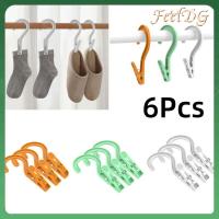 FEELDG 6 Pcs กันลม เสื้อผ้า PEGS พร้อมตะขอเกี่ยว พลาสติกทำจากพลาสติก คลิปอบแห้ง แบบพกพาได้ กันลื่น คลิปกรองอากาศถุงเท้า เสื้อผ้าสำหรับเด็ก