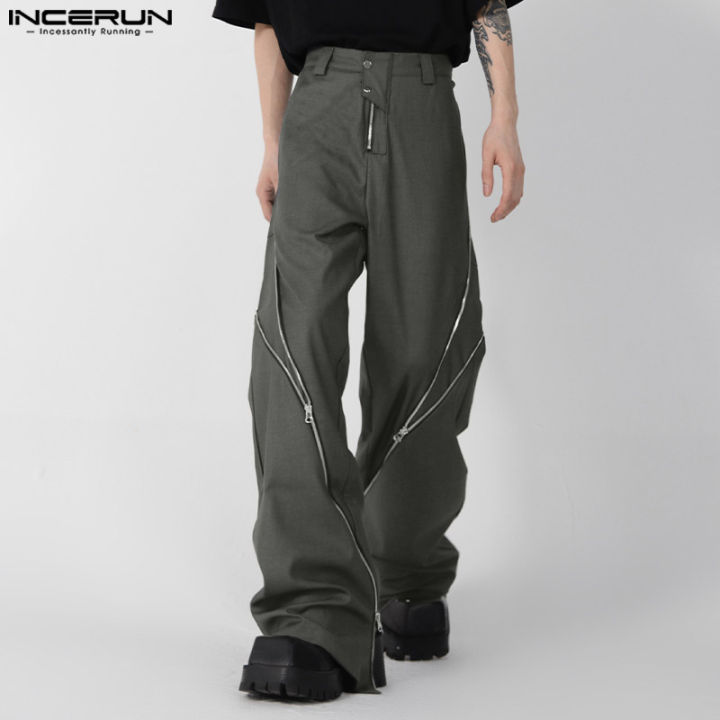 incerun-กางเกงขายาวผู้ชายแฟชั่นตกแต่งซิปผ่าข้าง-กางเกงขายาวขาบานฮิปฮอปชายเสื้อ-สไตล์เกาหลี