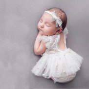 Newborn quần áo chụp ảnh nơ ngọc trai Headband + Romper + váy 3 cái bộ