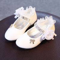 Girls leather shoes rhinestone Velcro childrens princess shoes performance dancing shoes flower soft bottom single shoes performance shoes students