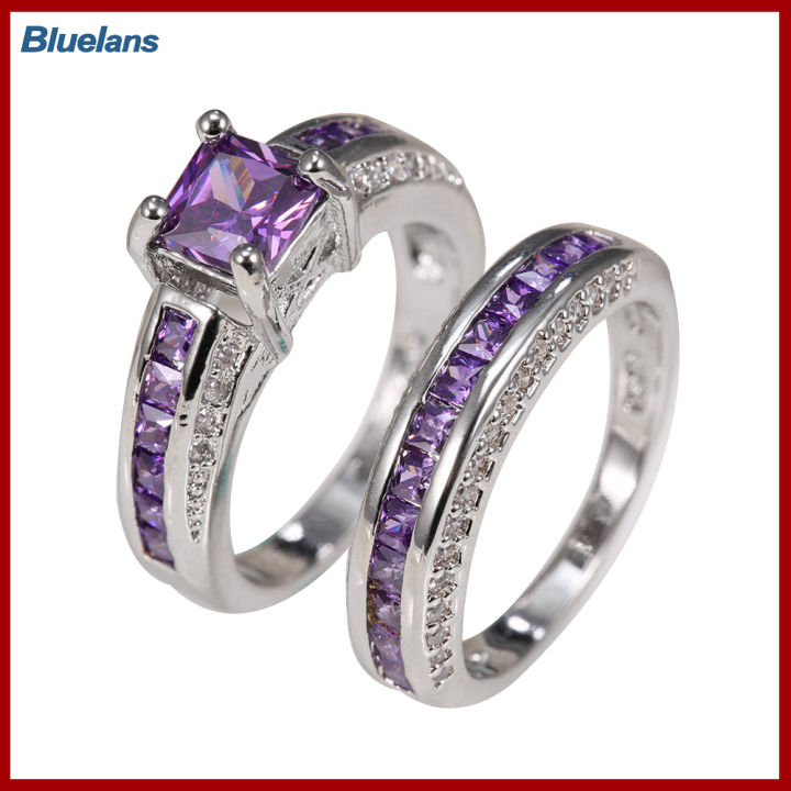 Bluelans®2ชิ้นเครื่องประดับเจ้าหญิงพลอยเทียมอเมทิสต์สี่เหลี่ยมวงแหวนแต่งงานเลี่ยม