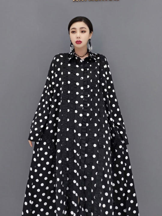 xitao-dot-print-shirt-dress-fashion-edible-tree-fungus-splicing-large-size-shirt-dress-spring-new-contrast-color-women-gwj3095