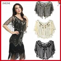 ZHEZHE สุภาพสตรีที่สง่างาม อุปกรณ์เสริมชุดราตรี Flapper Cover Up แจ็คเก็ตสั้น ผ้าคลุมไหล่เลื่อม วินเทจ อีฟนิ่งเคป