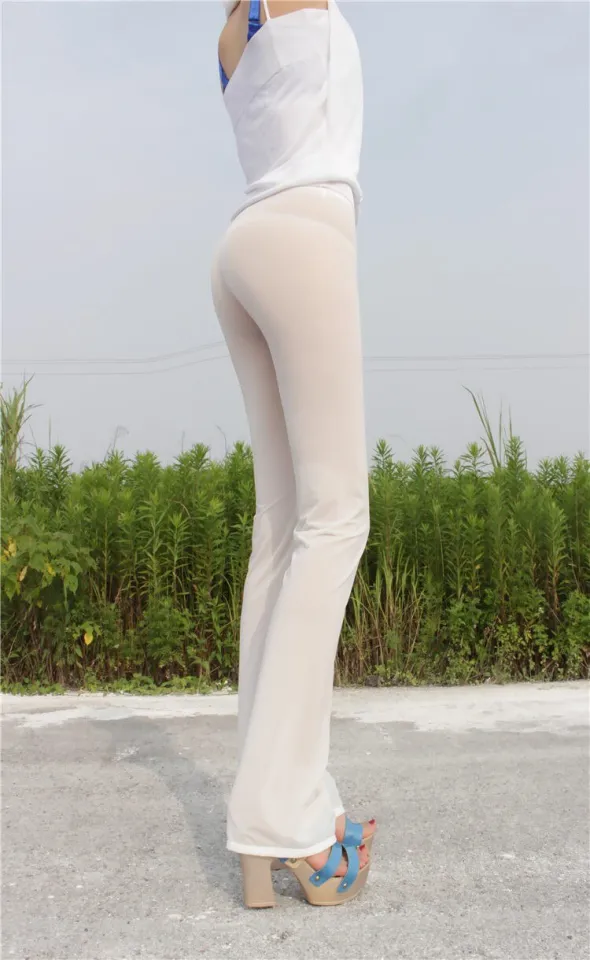 Sexy Women Ice Silk Shiny See Through Flare Pants Glossy Solid