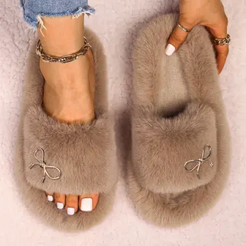 brand designer women fur slides winter warm fur shoes woman pink fur  slippers house slide fur sandals cozy flip flops size 36-45