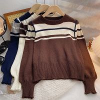 [COD] Color matching round neck puff sleeve pullover sweater women 2022 autumn and winter Korean version retro all-match foreign style