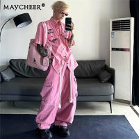 MAYCHEER กางเกงคาร์โก้ผู้ชายสีชมพูสไตล์อเมริกันวินเทจกางเกงขากว้างขาตรงฮิปฮอป