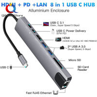 QiMiao ฮับ8-In-1 USB อะแดปเตอร์3.1ถึง4K RJ45ตัวแปลงแบบหลายพอร์ต SD/ตัวอ่านบัตร TF PD ชาร์จเร็วใช้ได้กับ MacBook