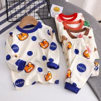 【Ready】? Childrens underwear set pure cotton male and female baby home clothes autumn and winter baby cotton pajamas breathable long johns