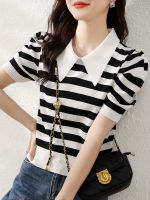 利MISUMIXIU Short Striped Sweater Womens 2023 Summer New Korean Versatile Short Sleeve Knitted Tops