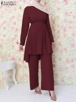 Dubai Turkey Islamic Clothing Ramadan Suits ZANZEA Fashion Muslim Suits 2PCS Elegant Long Sleeve Blouse Wide Leg Trousers Sets