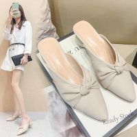 【Ready Stock】 □✱ C40 Soft Leather Half Slippers Women New Bow Knot Middle Heel Pointed Toe Slip-on Loafer Mules Shoes