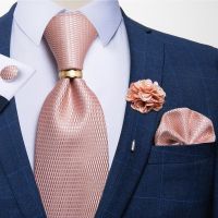 New 100 Silk Men Tie Set Pink Solid Business Wedding Tie Handkerchief Cufflinks Ring Set 8cm Men Necktie Neckwear DiBanGu