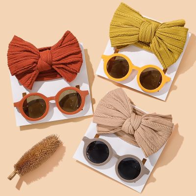 【YF】✵❒  2/3Pcs/Set Newborn Baby Headband Elastic Knit With Sunglasses Children Turban Soft Kids Bow Headwear Hair Accessories