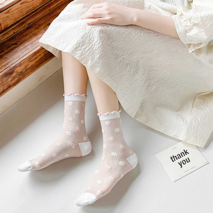 therye-ใหม่ชุดสตรีทแวร์ลายดอกไม้เกาหลีหวานถุงเท้าดอกไม้ผ้าไหมแก้วถุงเท้าโลลิต้า