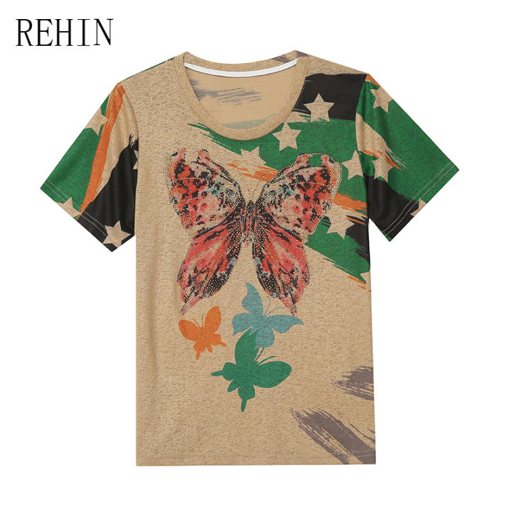 rehin-เสื้อแฟชั่นพิมพ์ลายสำหรับผู้หญิง-เสื้อยืดคอกลมแขนสั้นเสื้อสตรีอินเทรนด์