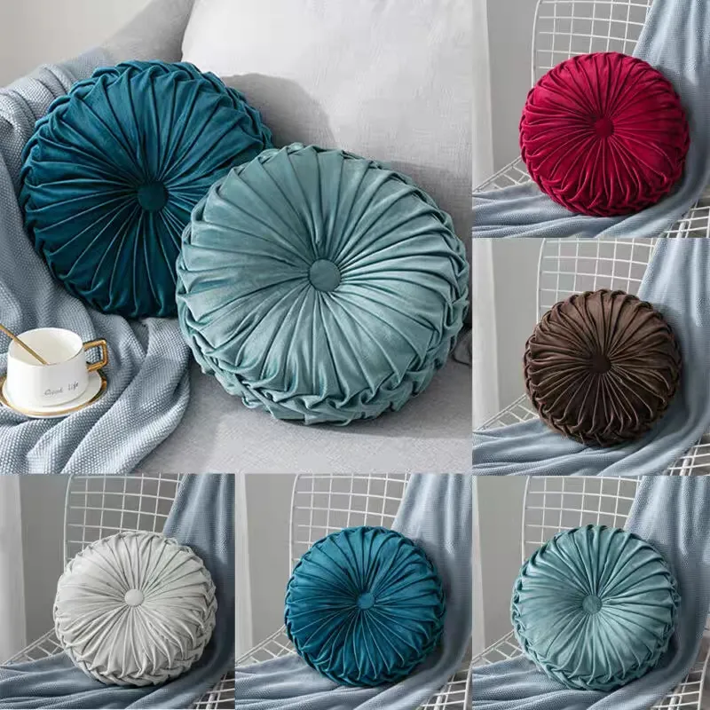 Velvet Pleated Round Pumpkin Throw Pillow Couch Cushion Floor Pillow for  Sofa Chair Bed