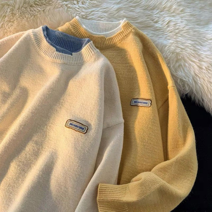 tamias-เสื้อสเวตเตอร์ผู้ชายสองชิ้นปลอม-เสื้อก้นบางสำหรับฤดูใบไม้ร่วงและฤดูหนาว-เสื้อกันหนาวถัก-เสื้อกันหนาวสไตล์เกาหลี-in-stock