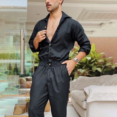 2023 Men Solid Color Jumpsuit Playsuit Buttons Casual Cargo Clothes Overalls Turn Down Collar Long Sleeve Oversized Waist Pants