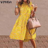 VONDA สตรีเสื้อหรูหรา Polka Dot Sundress ขนาดใหญ่ชุดเดรสรัดเอวลำลอง Plus (แฟชั่นตะวันตก)